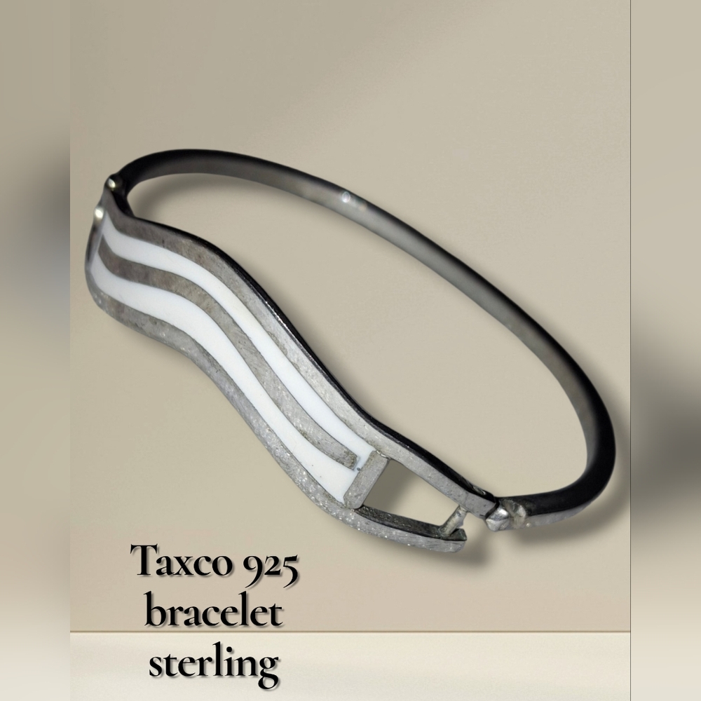 Taxco Signed 925 Sterling Silver Enamel Vintage Hinged Bracelet Mexico